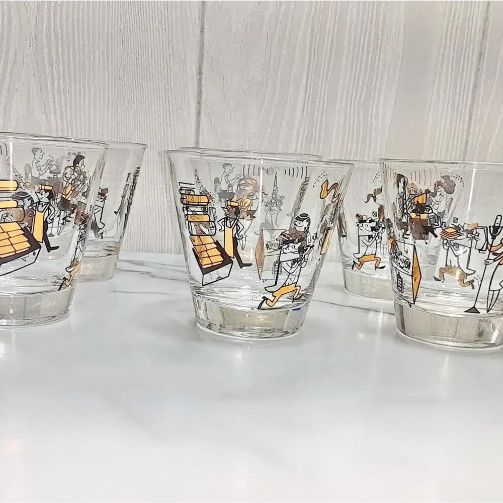 Mid Century modern Double drinking  Glasses  Set of 5 Pressroom Characters
